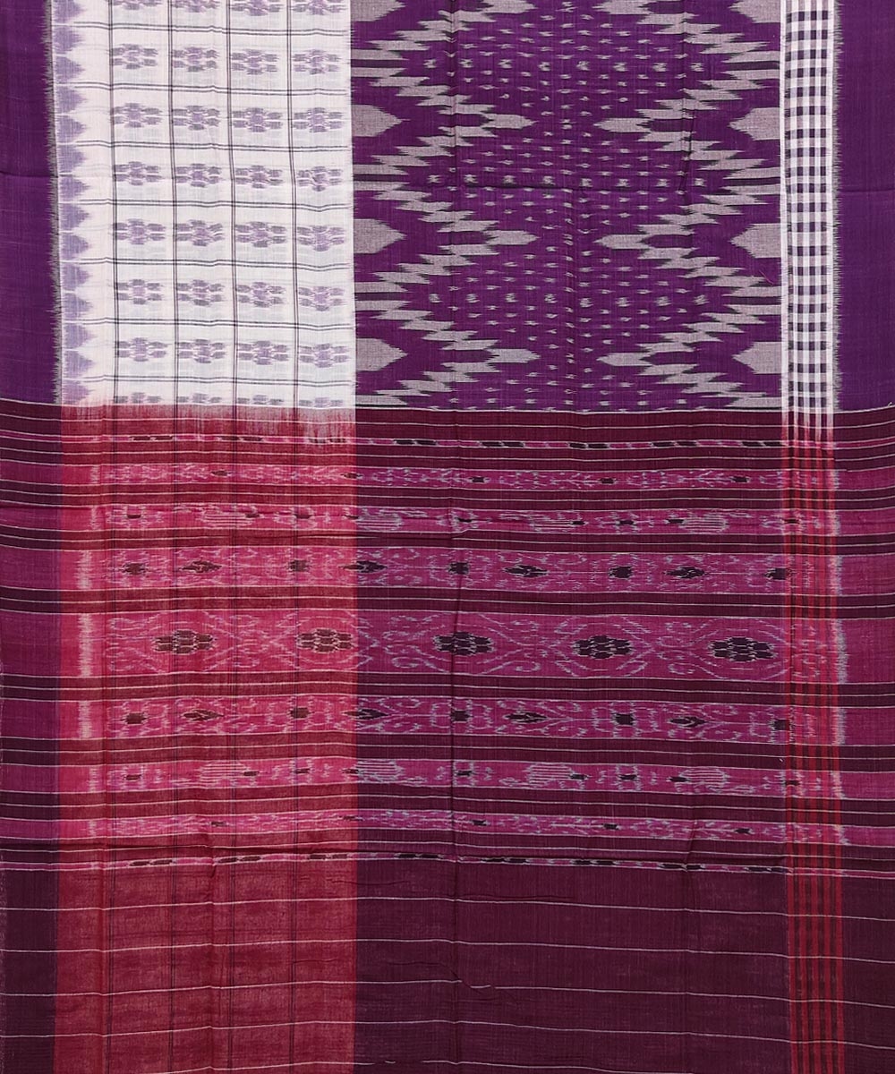 White Purple Sambalpuri Handwoven Single Ikat Cotton Saree Image 2