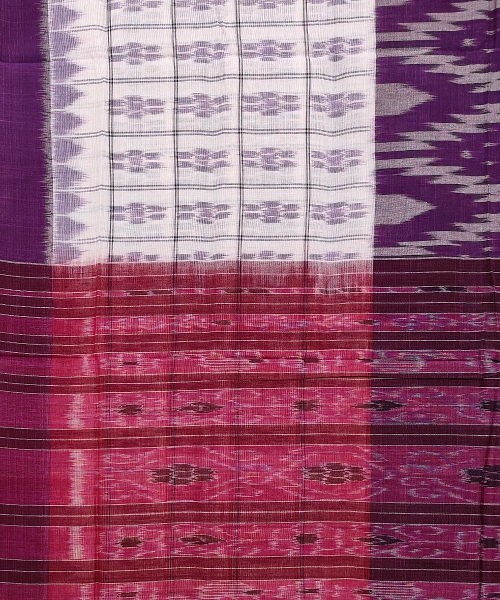 White Purple Sambalpuri Handwoven Single Ikat Cotton Saree Image 4