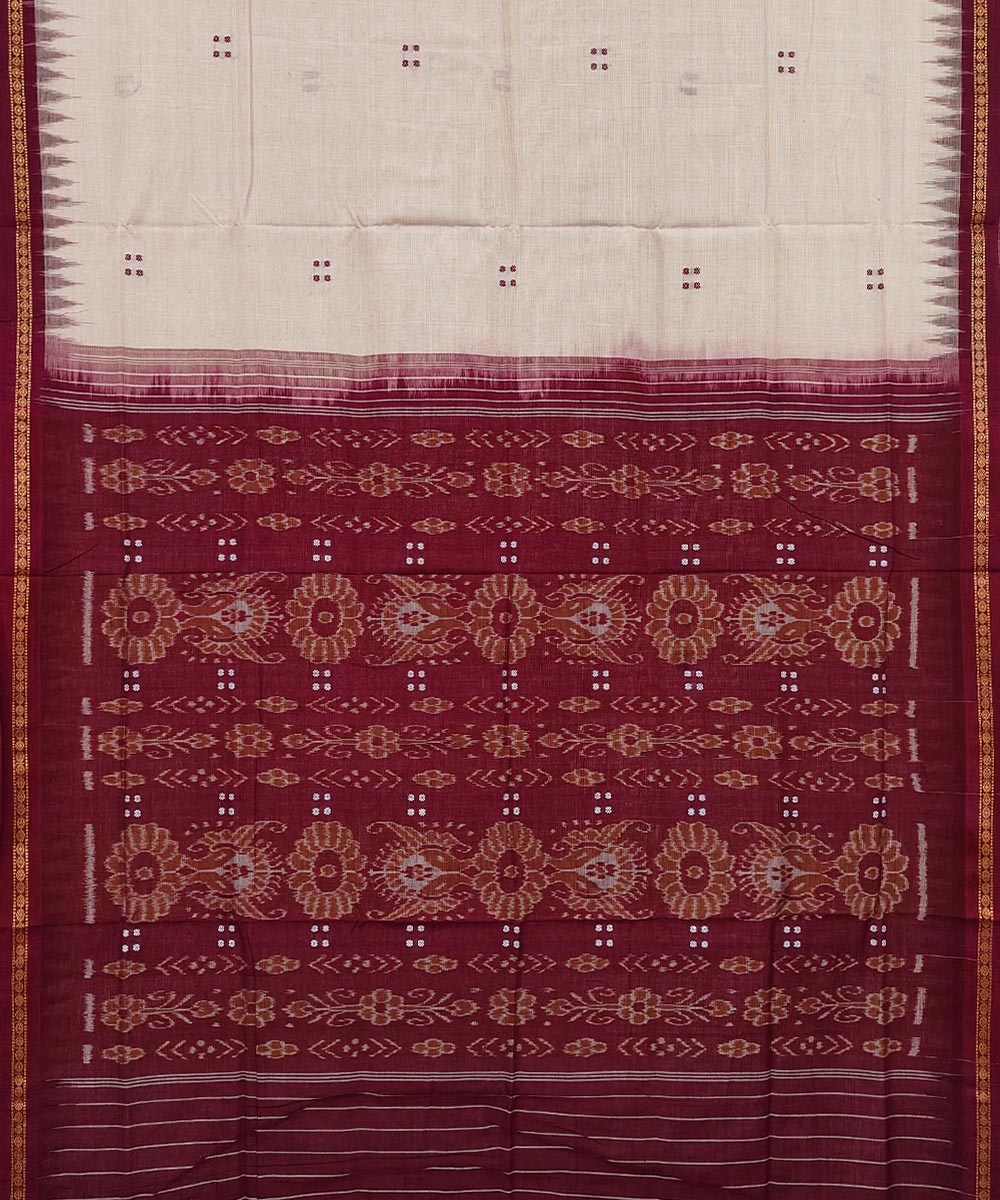 Beige Maroon Sambalpuri Handwoven Single Ikat Cotton Saree Image 2