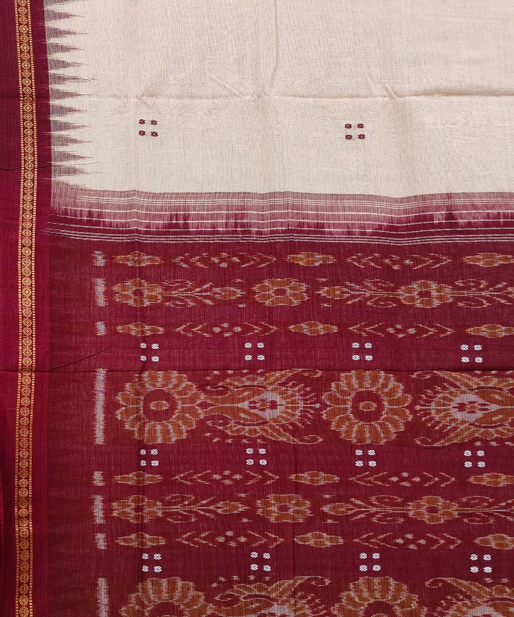 Beige Maroon Sambalpuri Handwoven Single Ikat Cotton Saree Image 4