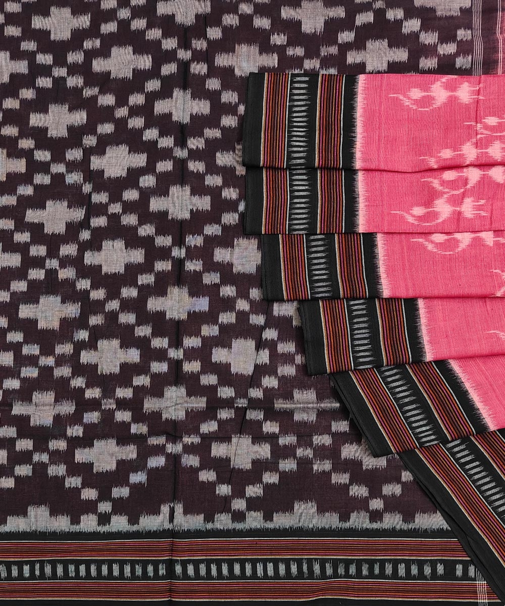 Pink Black Sambalpuri Handwoven Single Ikat Cotton Saree Image 1