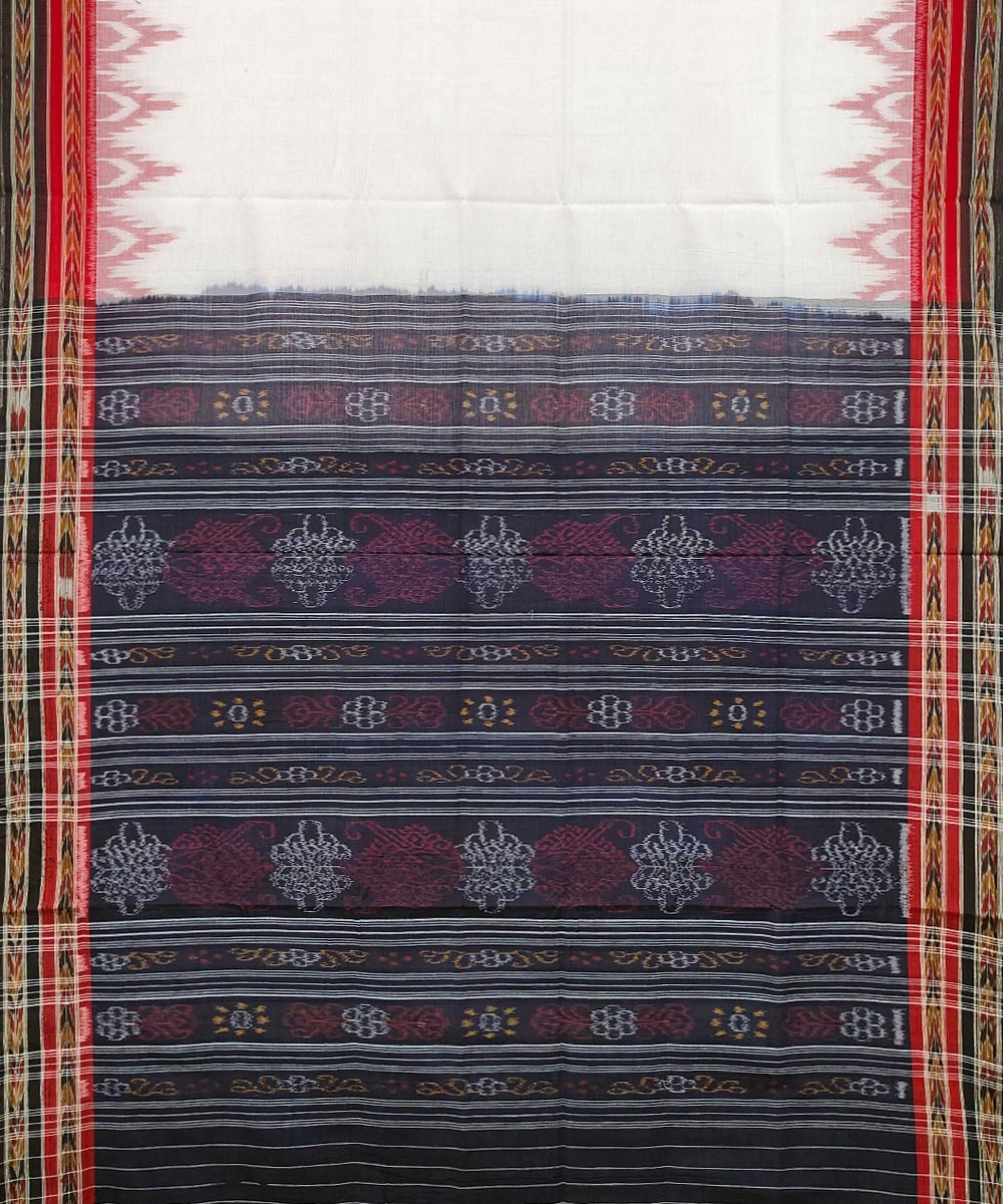 White Black Sambalpuri Handwoven Single Ikat Cotton Saree Image 2