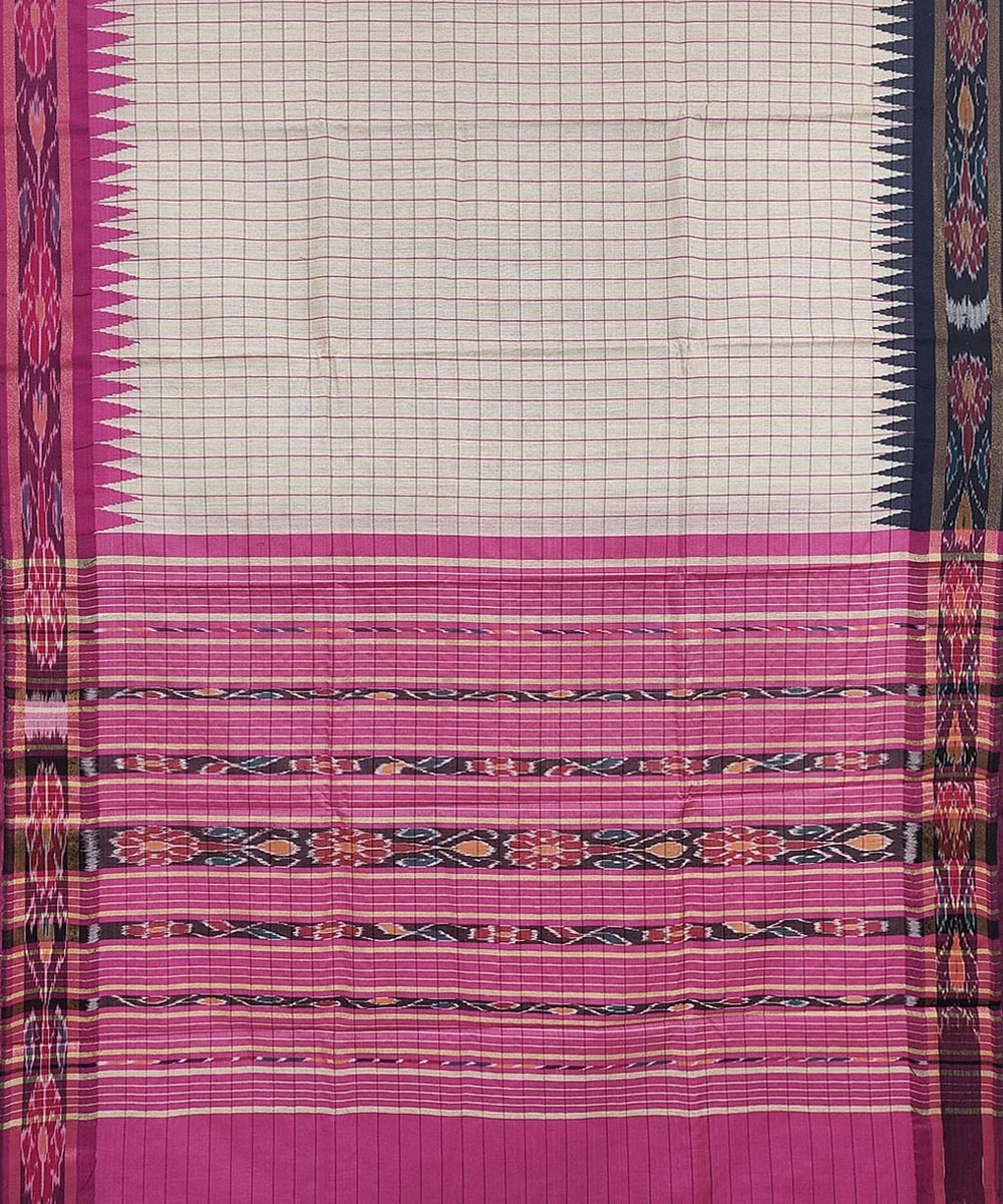 Beige Pink Sambalpuri Handwoven Ikat Border Tussar Silk Saree Image 3