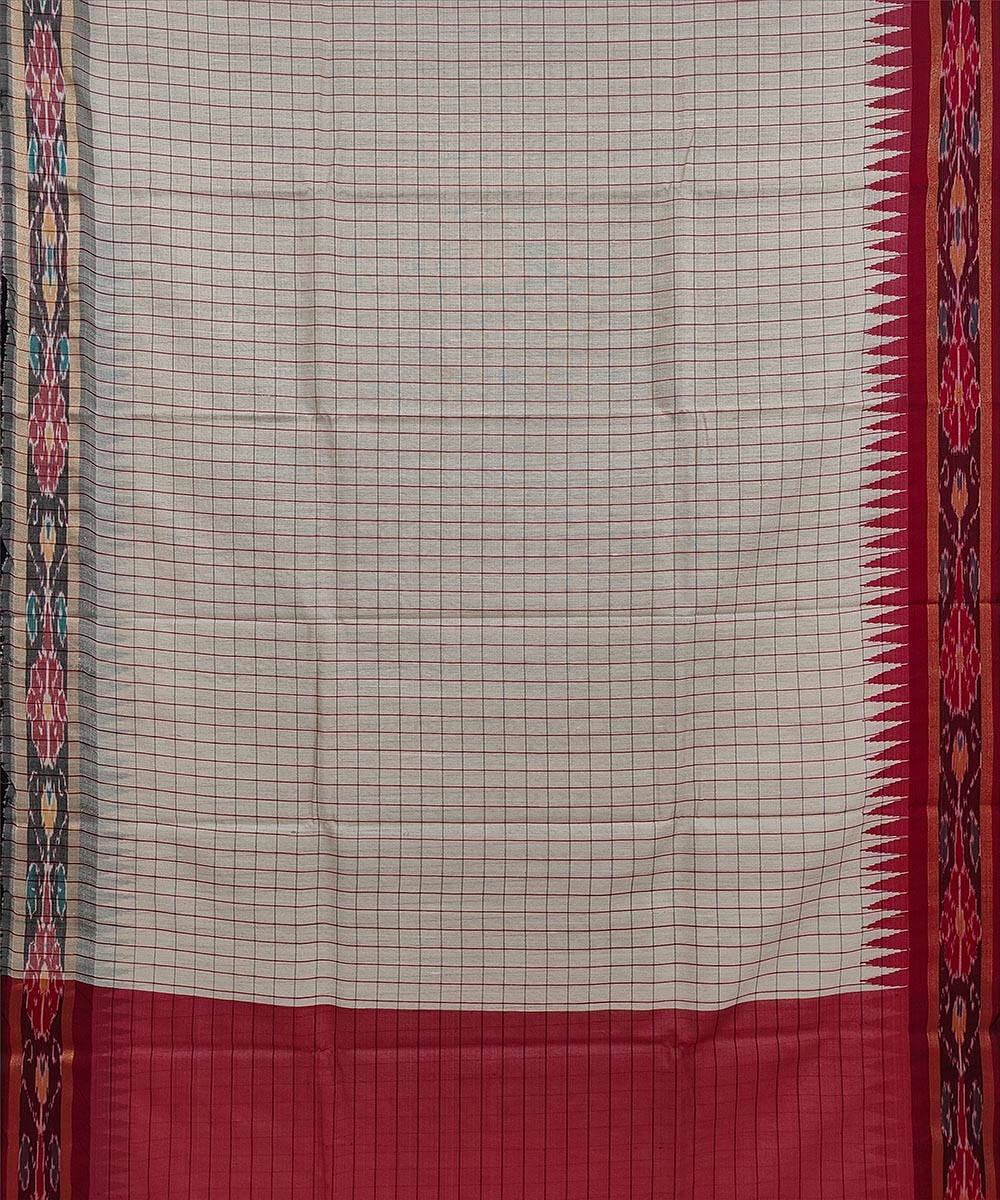 Beige Red Sambalpuri Handwoven Ikat Border Tussar Silk Saree Image 2