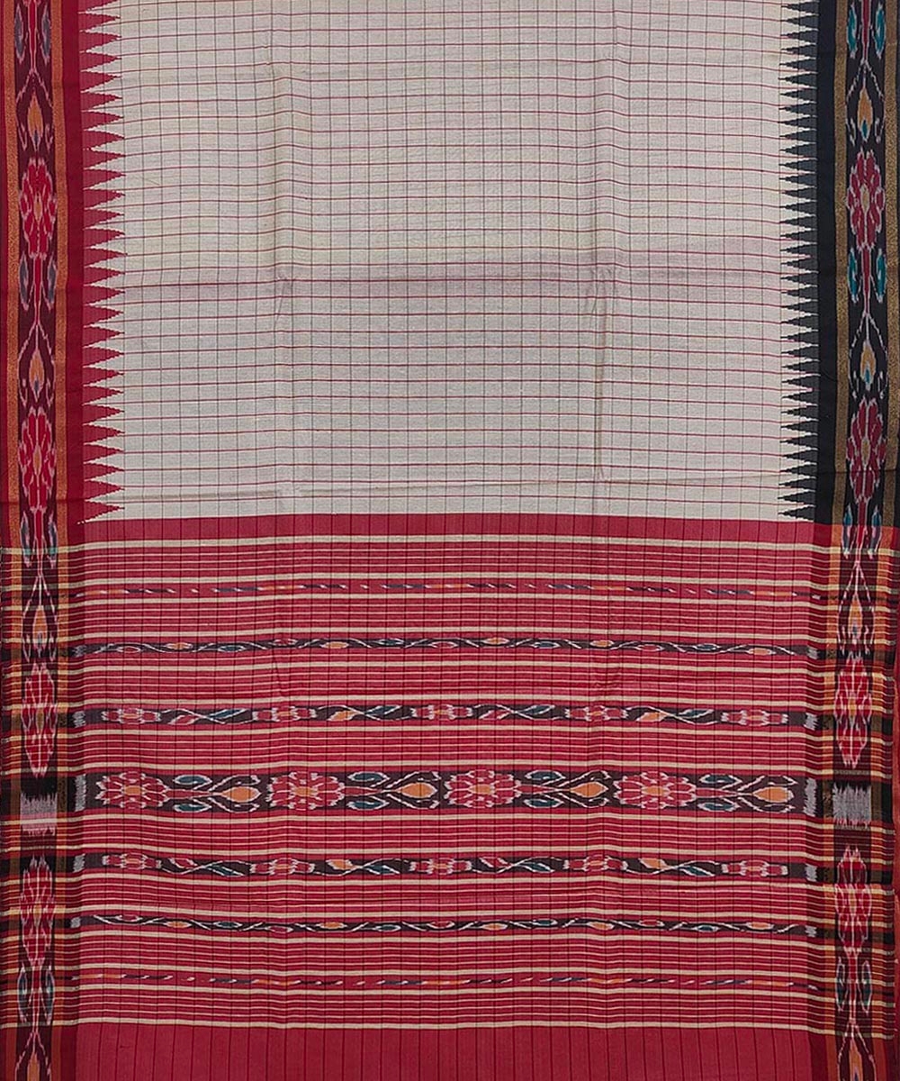 Beige Red Sambalpuri Handwoven Ikat Border Tussar Silk Saree Image 3