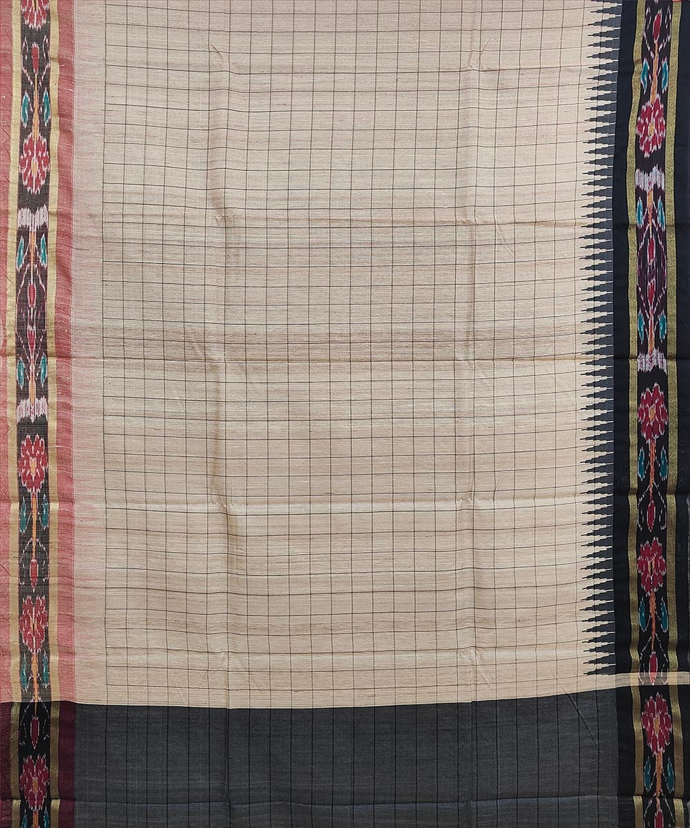 Beige Black Sambalpuri Handwoven Ikat Border Tussar Silk Saree Image 2