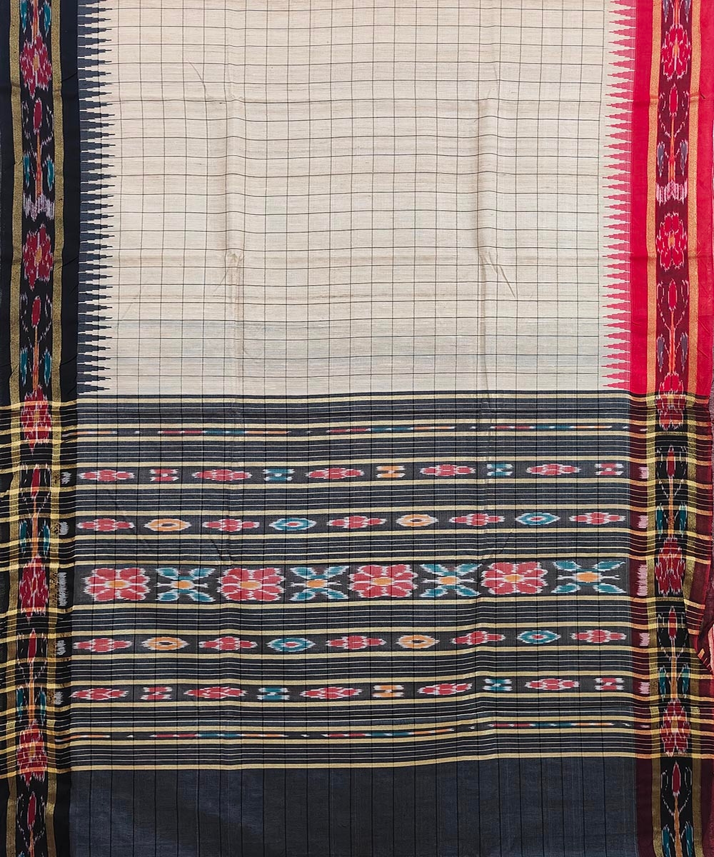 Beige Black Sambalpuri Handwoven Ikat Border Tussar Silk Saree Image 3