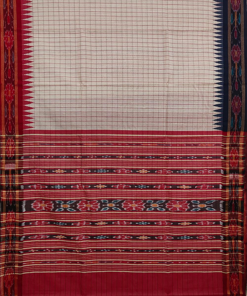 Beige Red Sambalpuri Handwoven Ikat Border Tussar Silk Saree Image 3