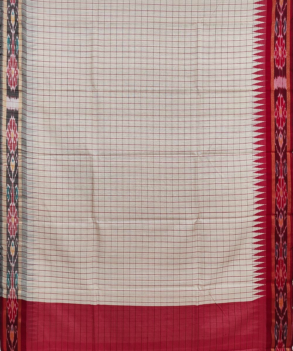 Beige Red Sambalpuri Handwoven Ikat Border Tussar Silk Saree Image 2