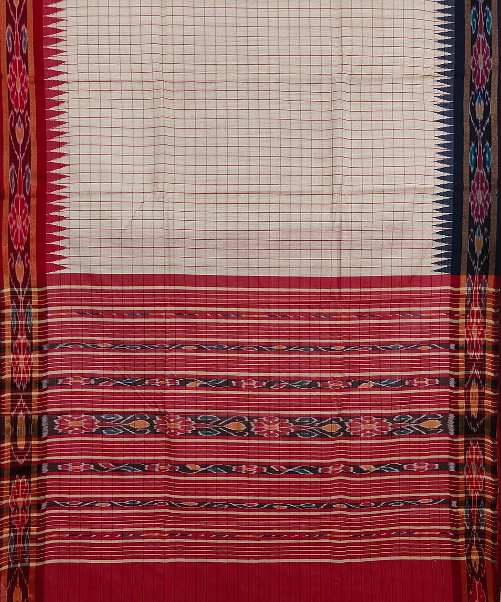 Beige Red Sambalpuri Handwoven Ikat Border Tussar Silk Saree Image 3