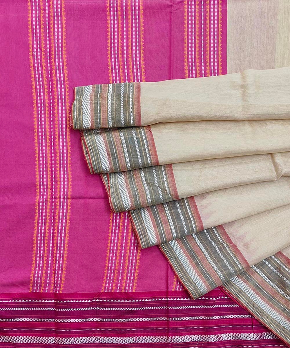 Beige Pink Sambalpuri Handwoven Wide Border Vidarbha Tussar Silk Saree Image 1