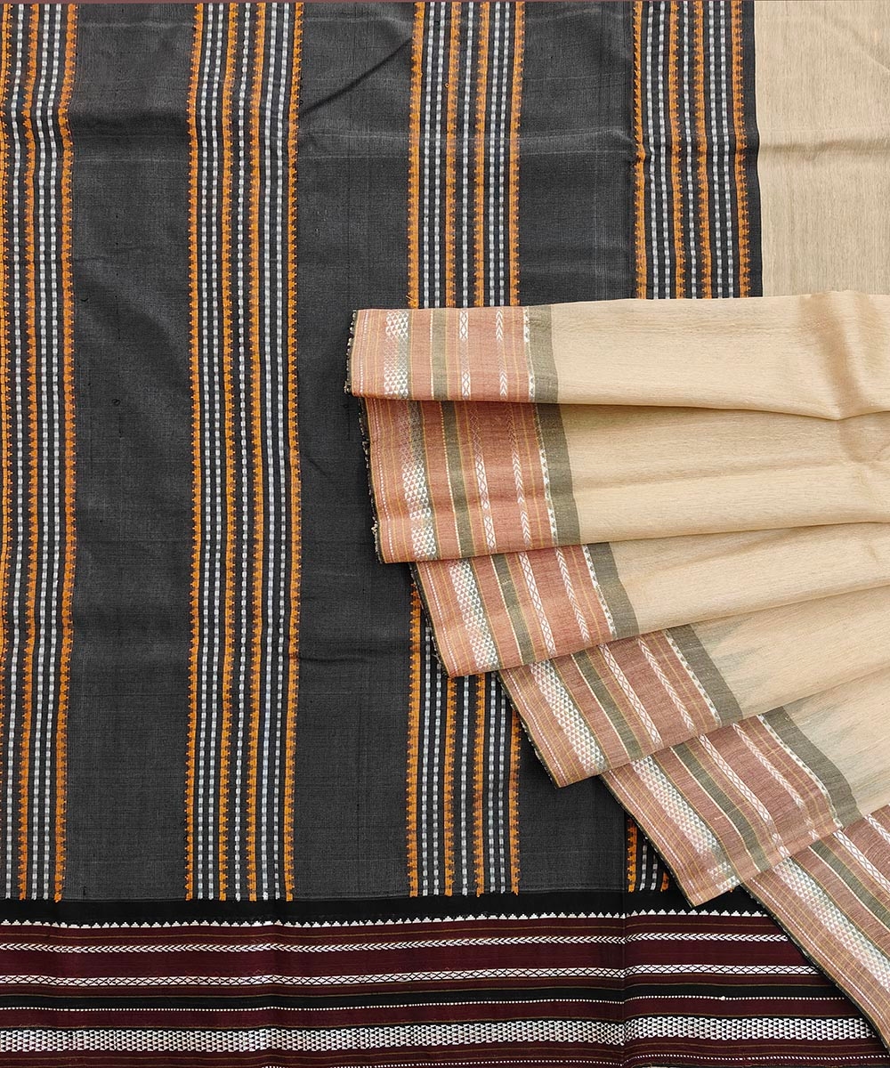 Beige Black Sambalpuri Handwoven Wide Border Vidarbha Tussar Silk Saree Image 1