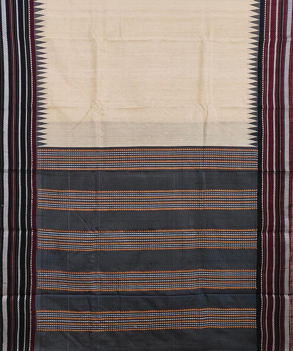 Beige Black Sambalpuri Handwoven Wide Border Vidarbha Tussar Silk Saree Image 3