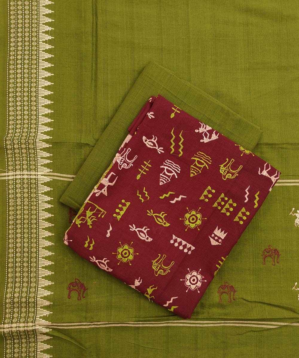 Maroon Olive Nuapatna Handwoven Single Ikat Suit Set Image 1