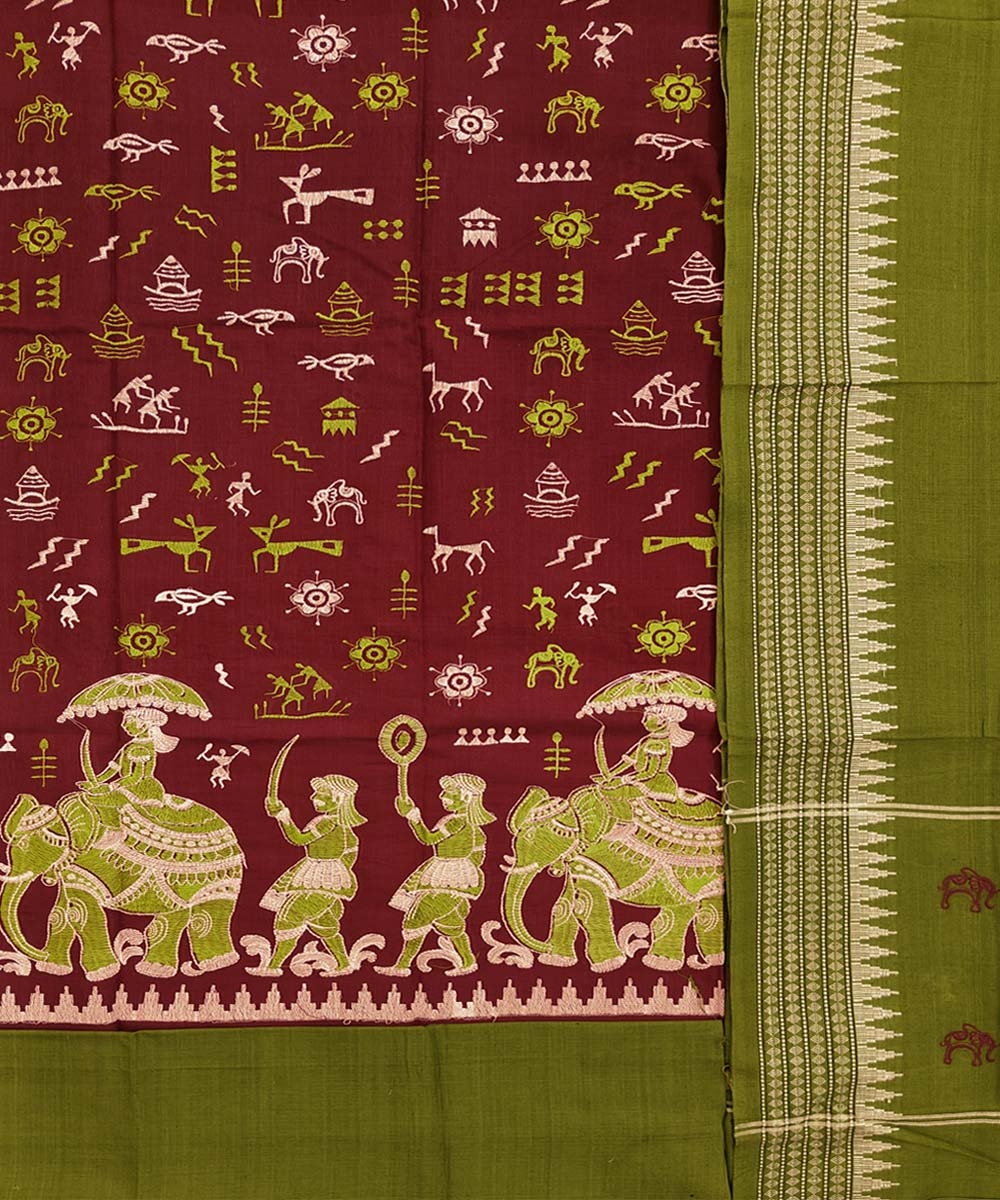 Maroon Olive Nuapatna Handwoven Single Ikat Suit Set Image 2