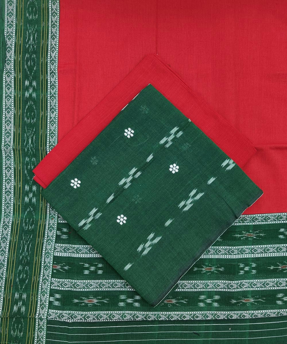 Green Red Nuapatna Handwoven Single Ikat Suit Set SFCSUT1539
