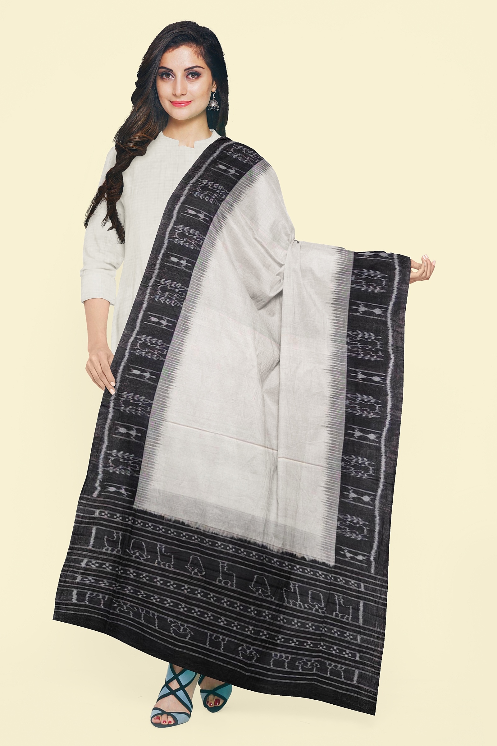 White Sambalpuri Handwoven Single Ikat Cotton Dupatta Image 1