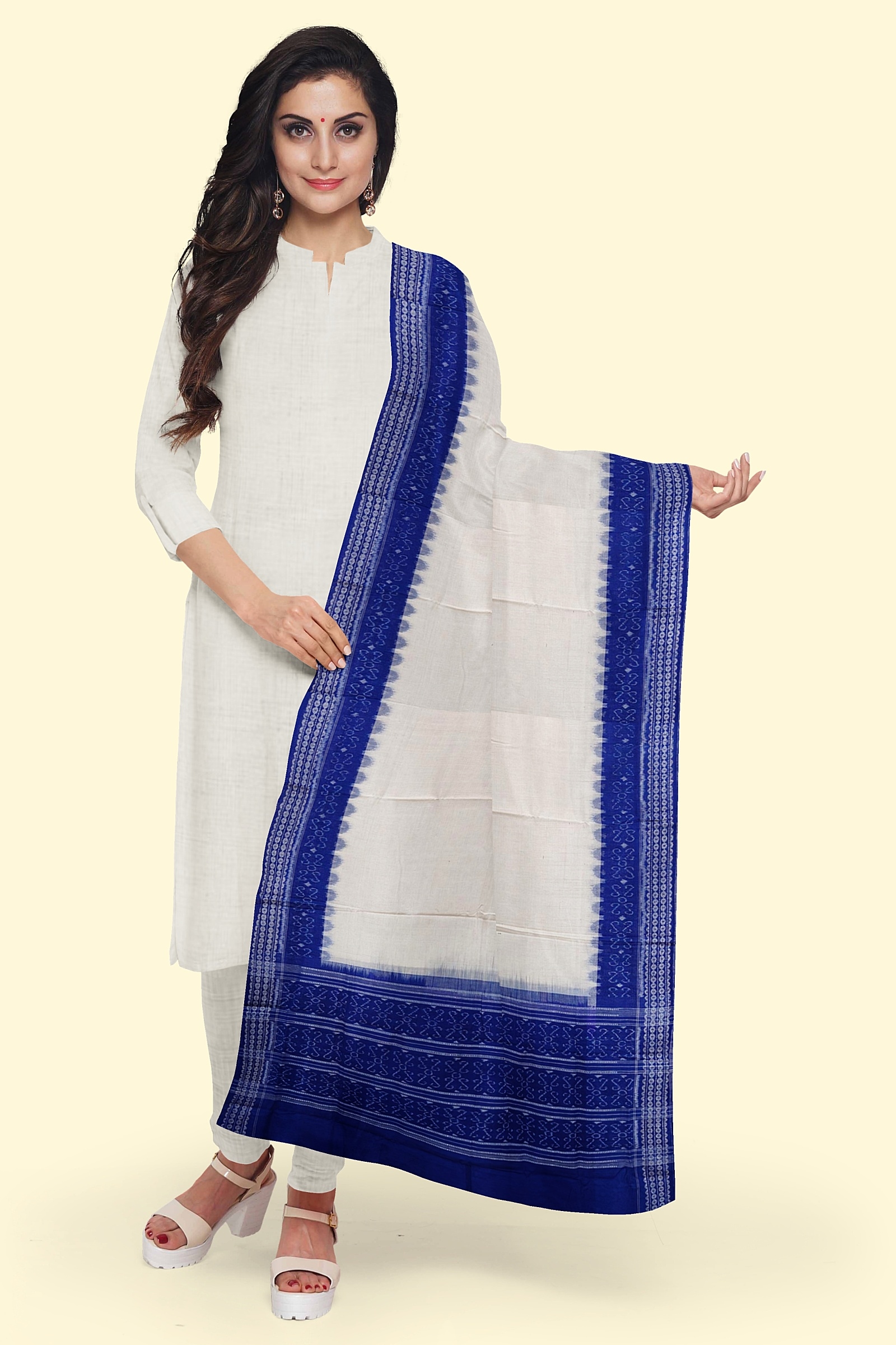White Blue Sambalpuri Handwoven Single Ikat Cotton Dupatta Image 1