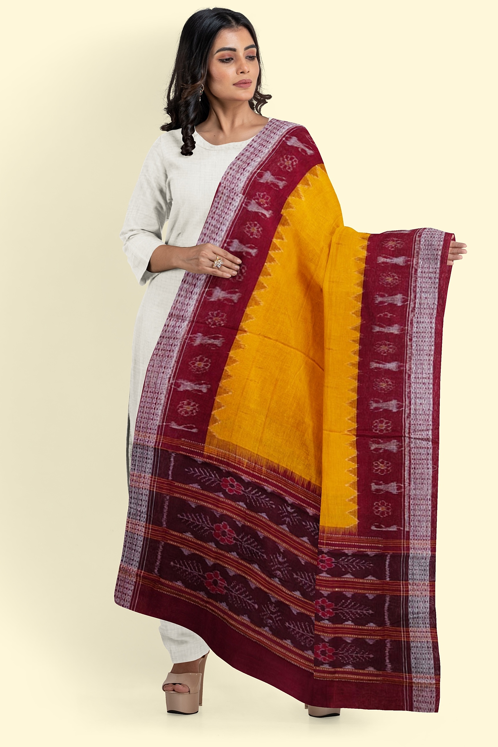 Yellow Maroon Sambalpuri Handwoven Single Ikat Cotton Dupatta Image 1