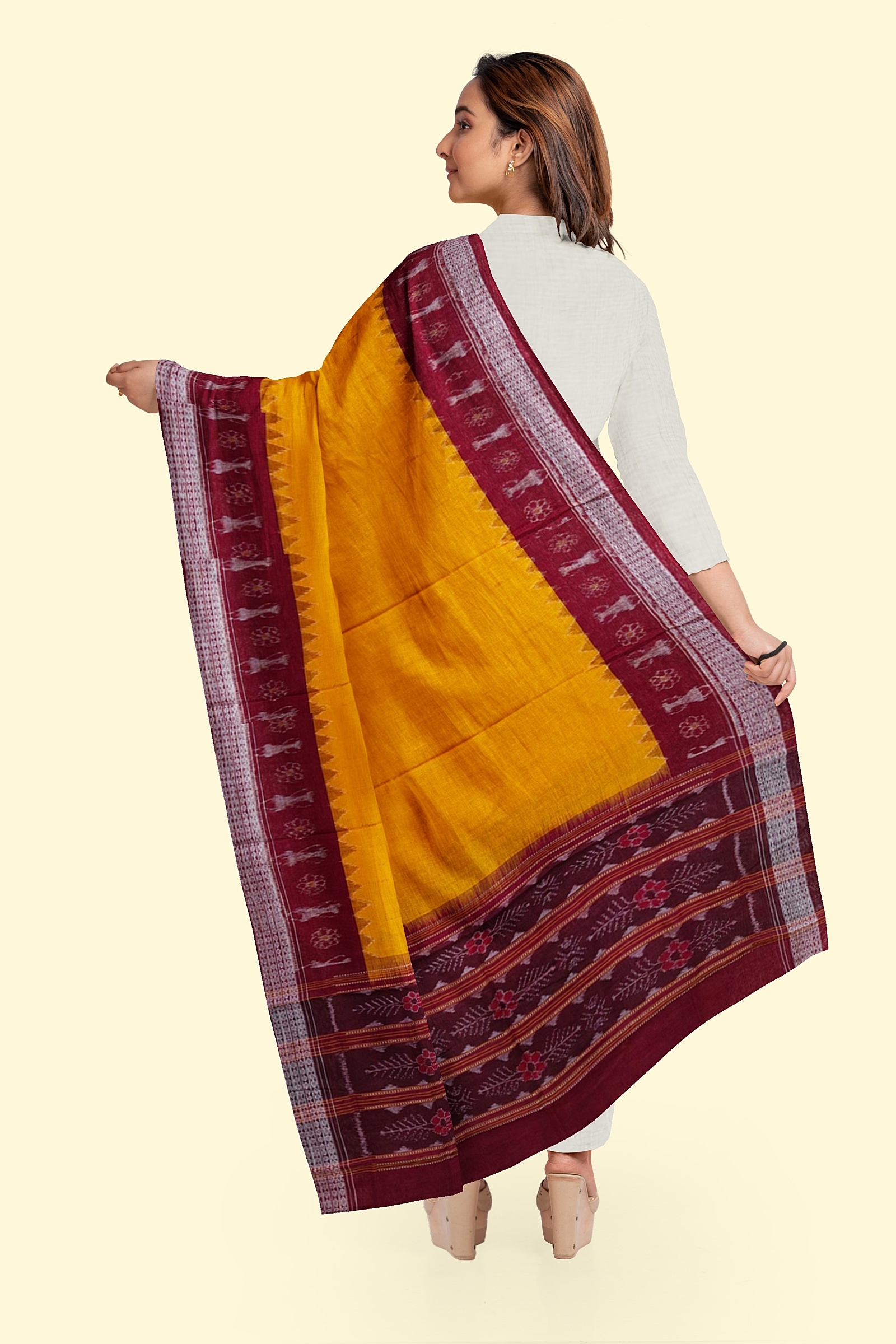 Yellow Maroon Sambalpuri Handwoven Single Ikat Cotton Dupatta Image 2