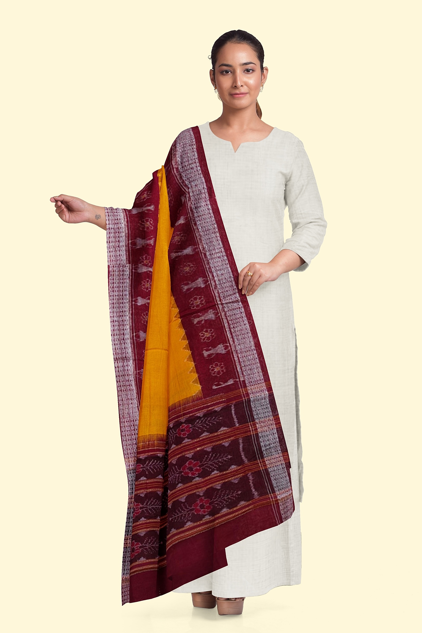 Yellow Maroon Sambalpuri Handwoven Single Ikat Cotton Dupatta Image 3