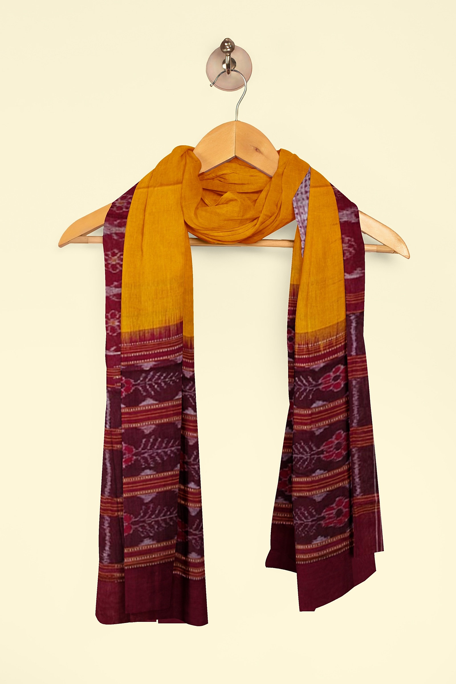 Yellow Maroon Sambalpuri Handwoven Single Ikat Cotton Dupatta Image 4