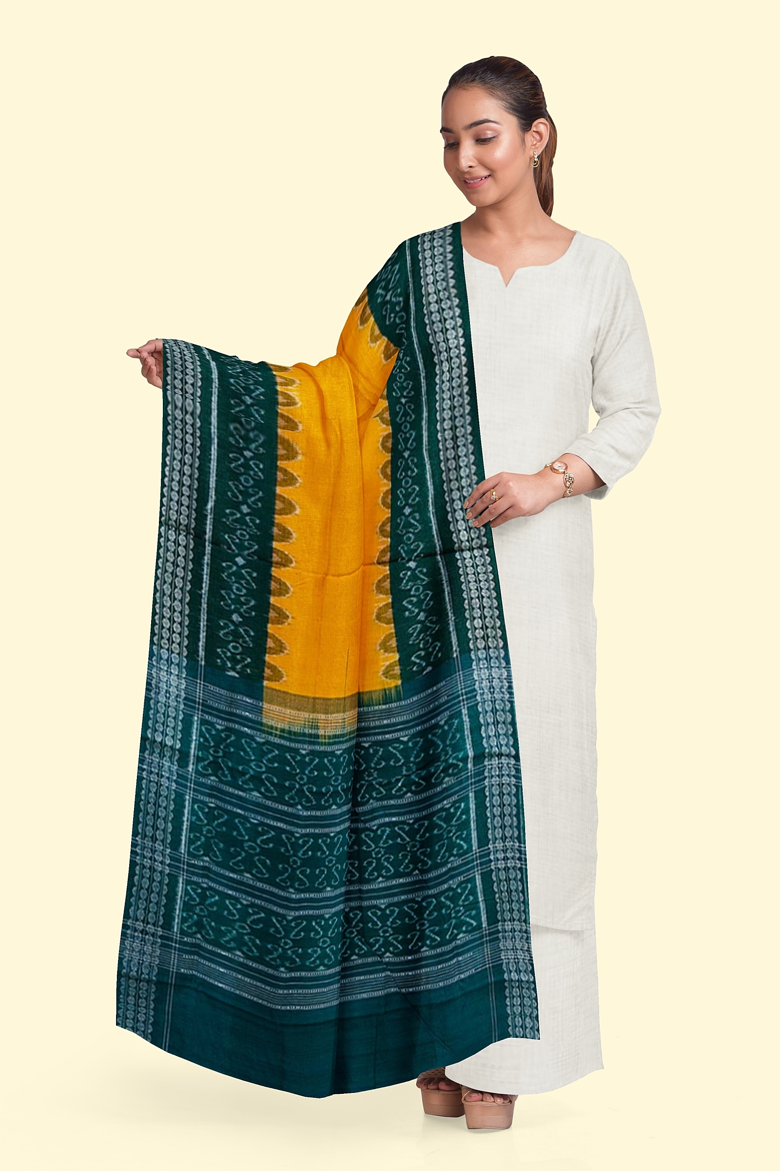 Yellow Green Sambalpuri Handwoven Single Ikat Cotton Dupatta Image 3