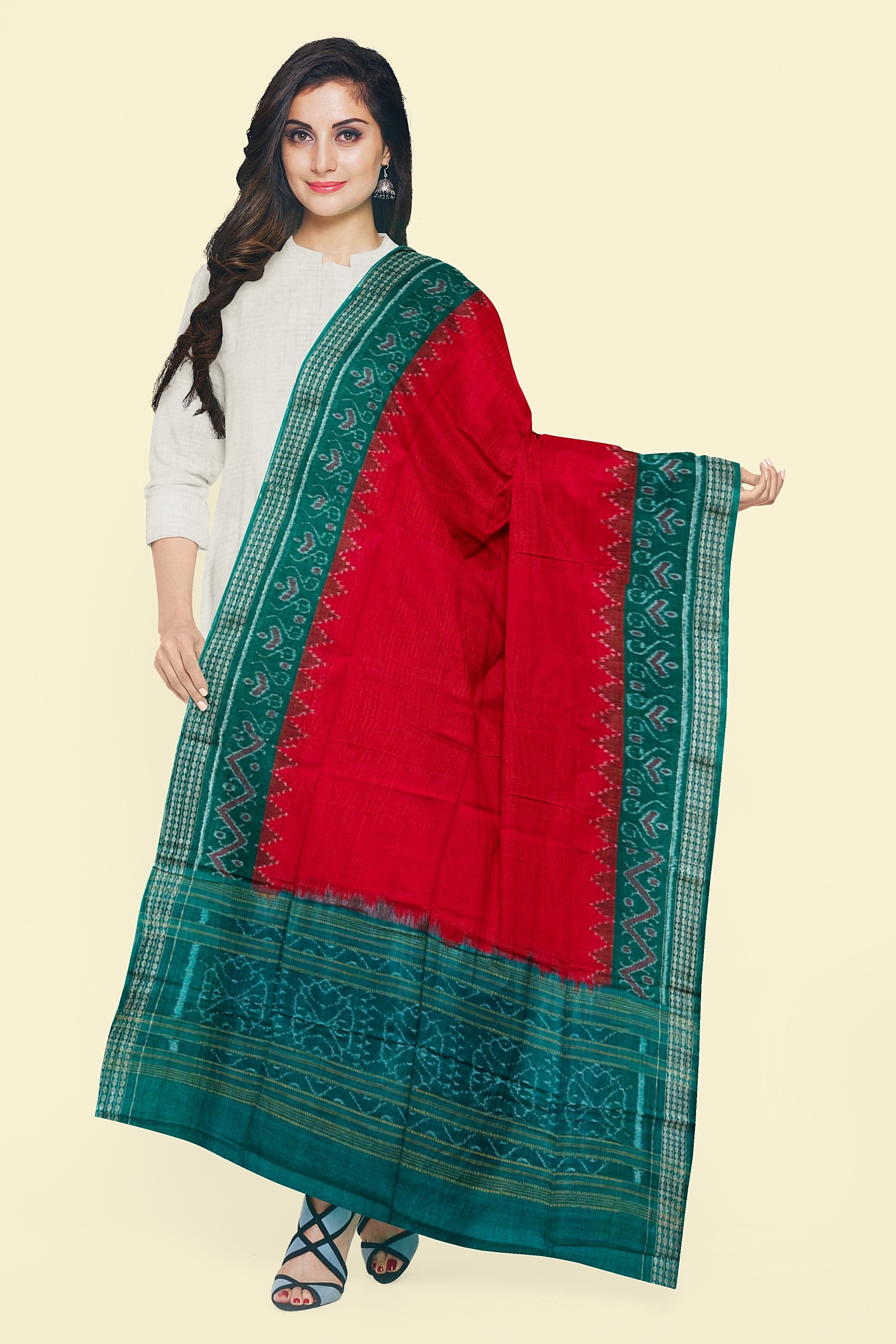 Red Green Sambalpuri Handwoven Single Ikat Cotton Dupatta Image 1