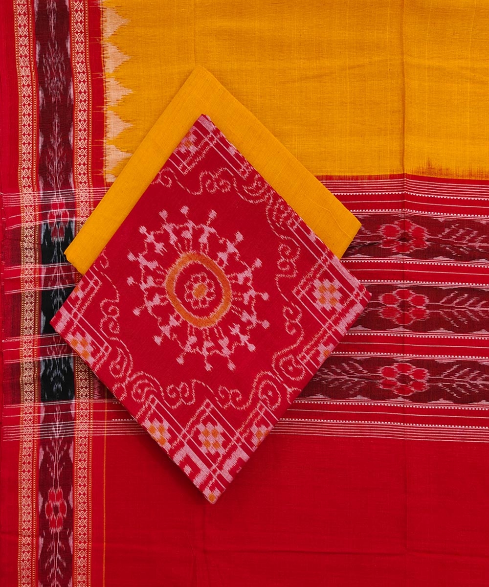 Red Yellow Sambalpuri Handwoven Single Ikat Suit Set SFCSUT1656