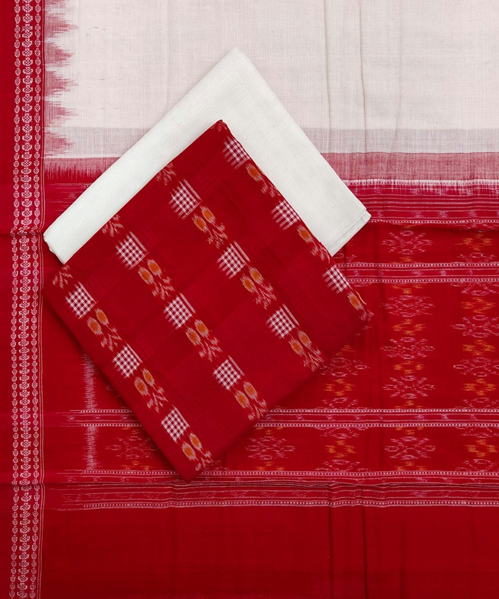 Red White Sambalpuri Handwoven Single Ikat Suit Set SFCSUT1659