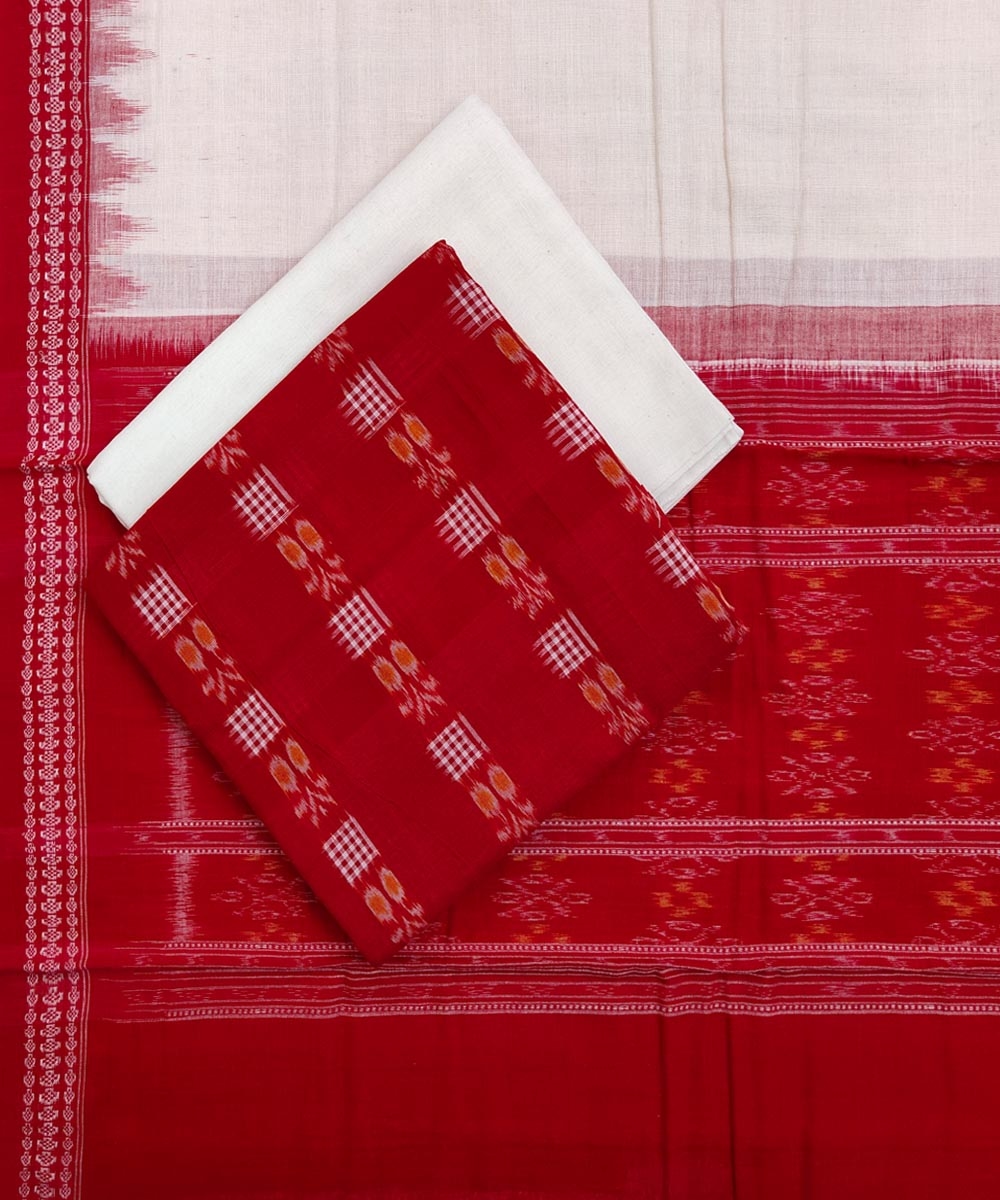 Red White Sambalpuri Handwoven Single Ikat Suit Set Image 1