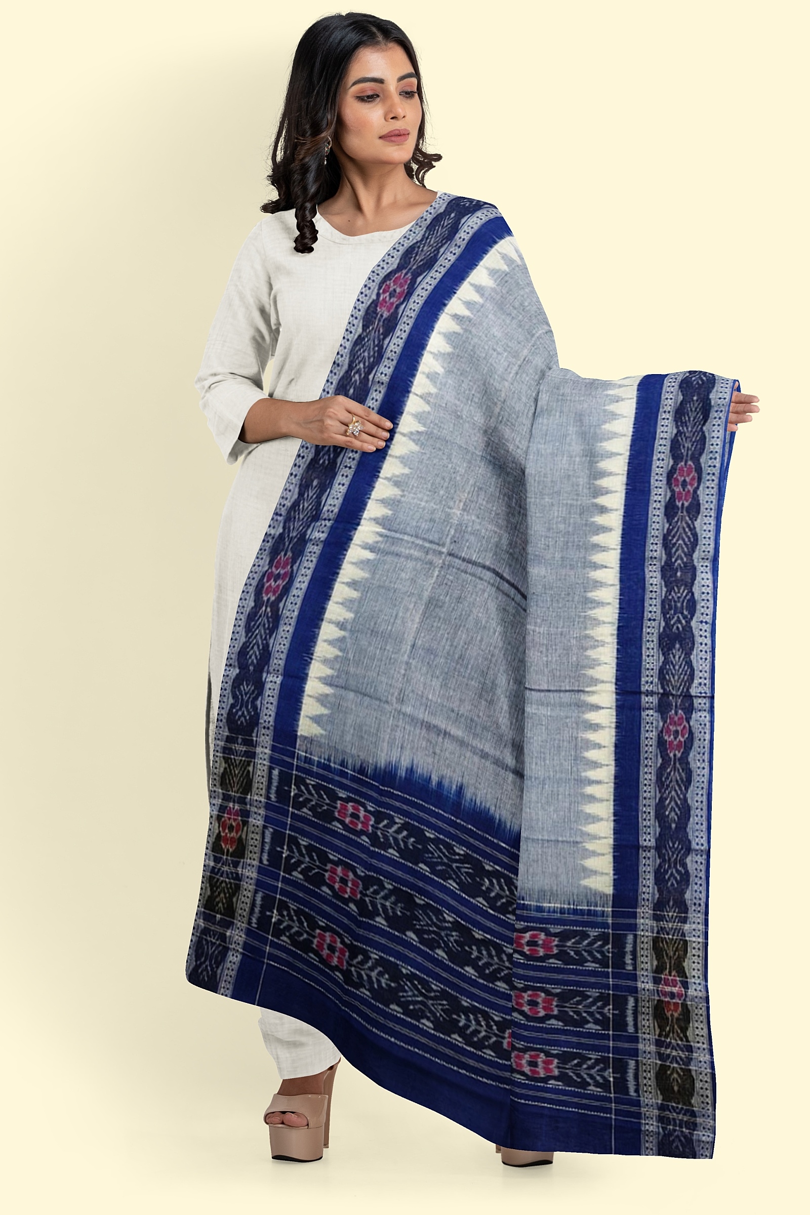 Gray Blue Sambalpuri Handwoven Single Ikat Cotton Dupatta Image 1