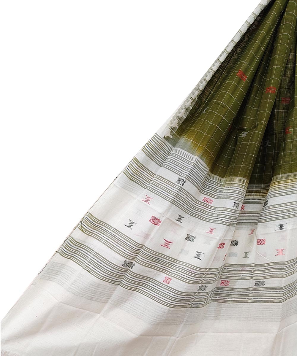 Olive White Sambalpuri Handwoven Single Ikat Cotton Dupatta Image 1