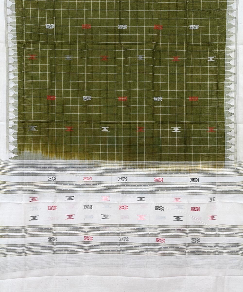Olive White Sambalpuri Handwoven Single Ikat Cotton Dupatta Image 2