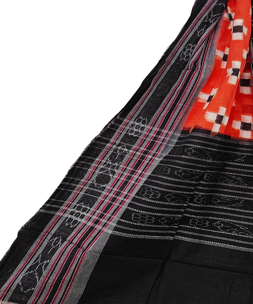 Orange Black Sambalpuri Handwoven Double Ikat Cotton Stole SFCSTL1689