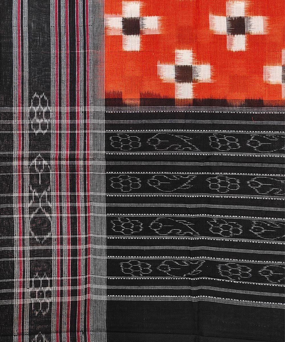 Orange Black Sambalpuri Handwoven Double Ikat Cotton Stole Image 3