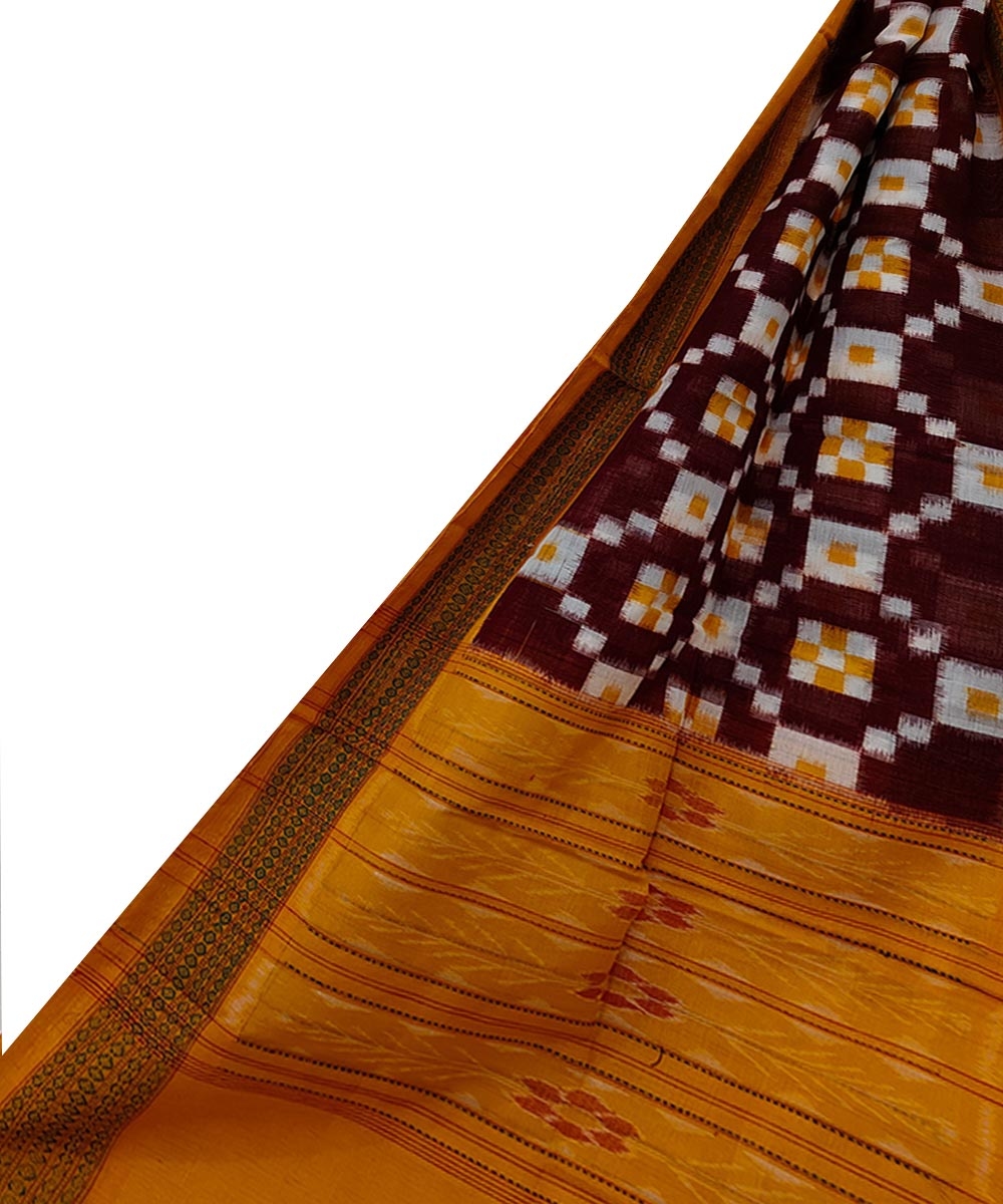 Maroon Yellow Sambalpuri Handwoven Double Ikat Cotton Stole Image 1