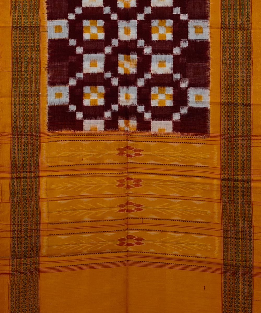 Maroon Yellow Sambalpuri Handwoven Double Ikat Cotton Stole Image 2