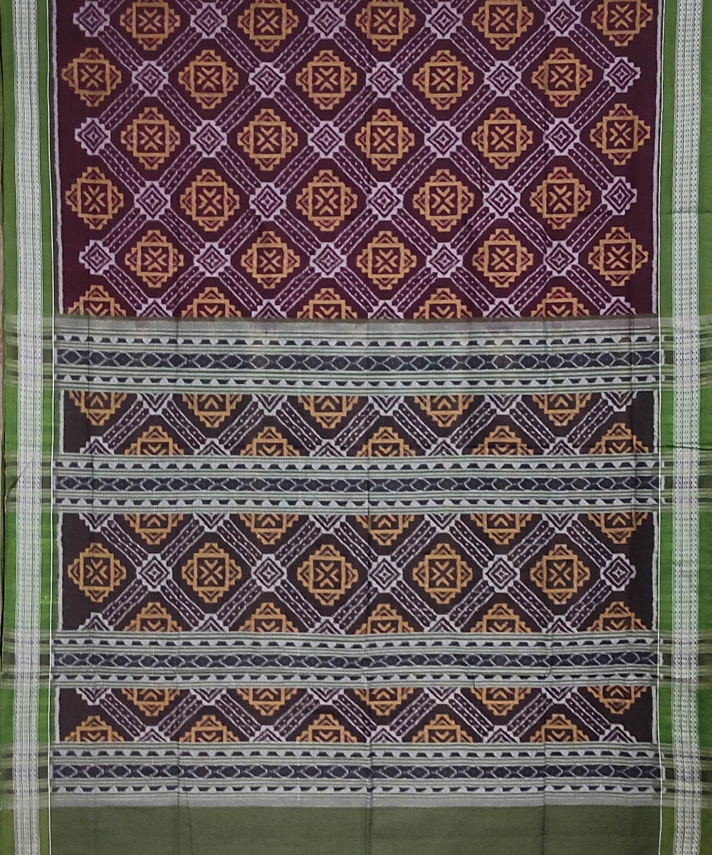 Coffee Green Sambalpuri Handwoven Single Ikat Cotton Saree Image 2