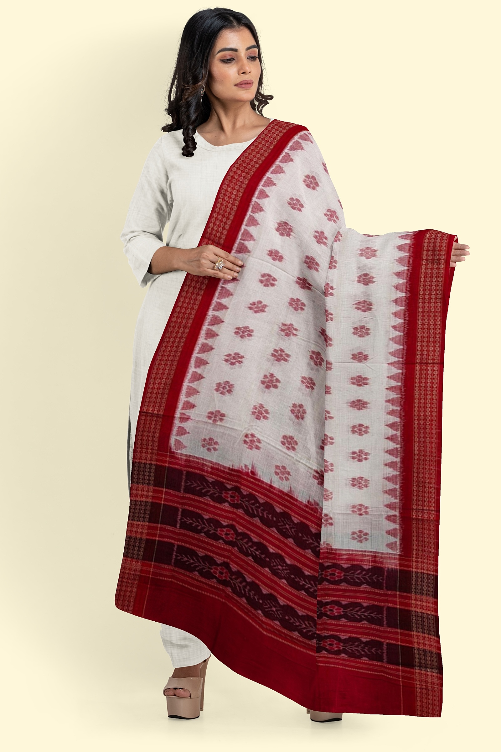 White Red Sambalpuri Handwoven Single Ikat Cotton Dupatta Image 1