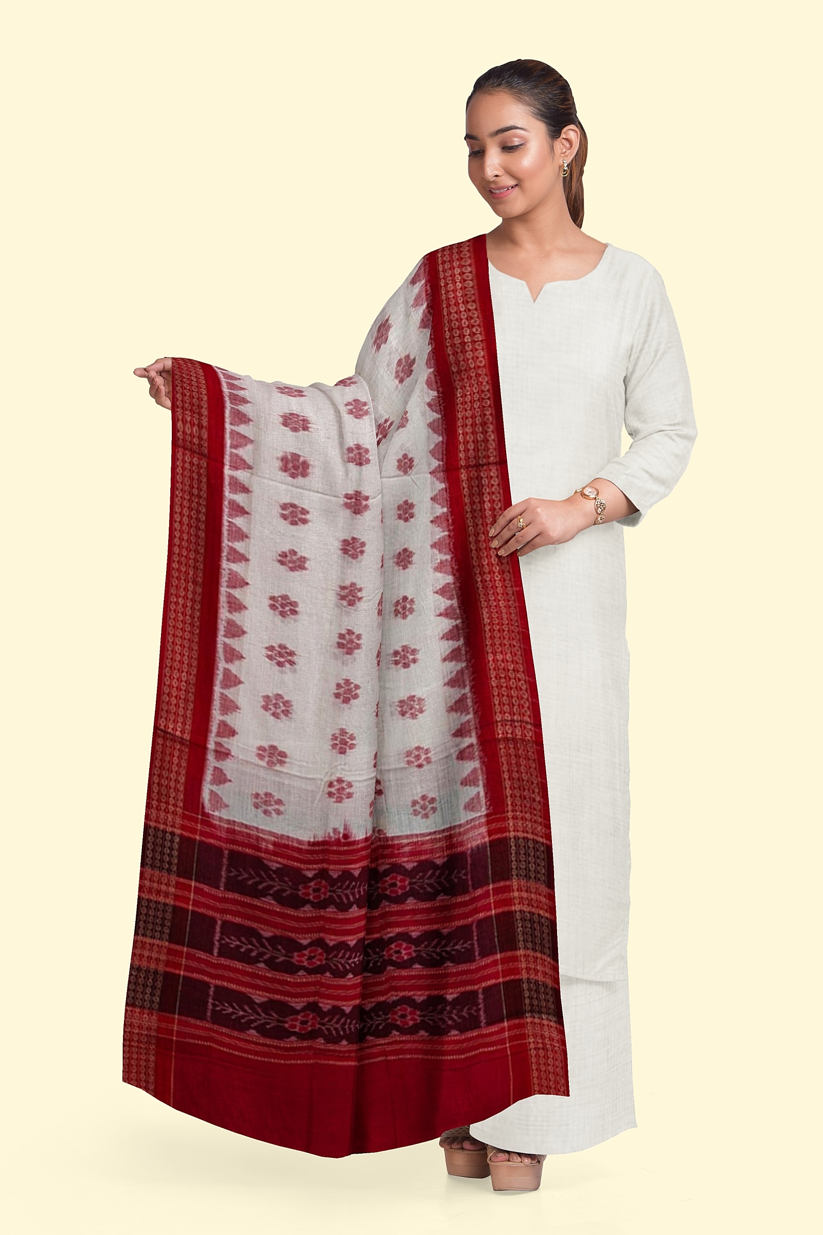 White Red Sambalpuri Handwoven Single Ikat Cotton Dupatta Image 3