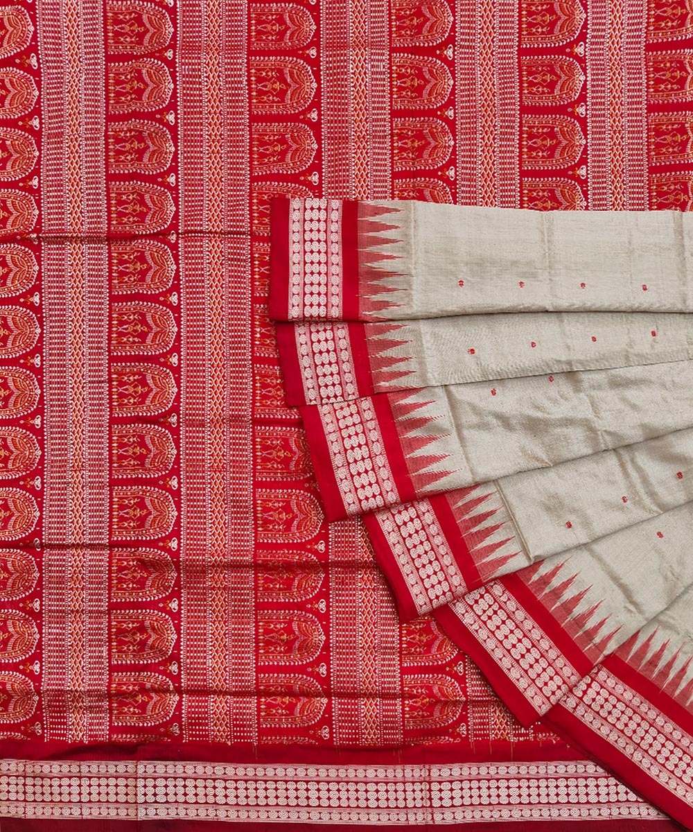 Peach Taffy Maroon Handwoven Bomkei Silk Saree Image 1