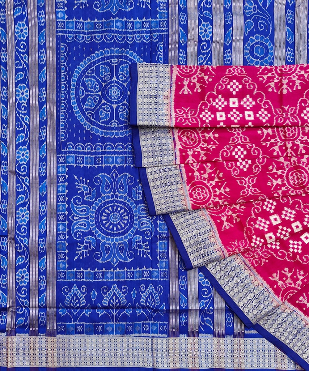 Pink Blue Sambalpuri Handwoven Silk Saree Image 1