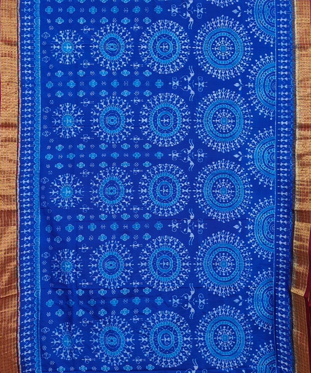 Blue Maroon Sambalpuri Handwoven Silk Saree Image 3