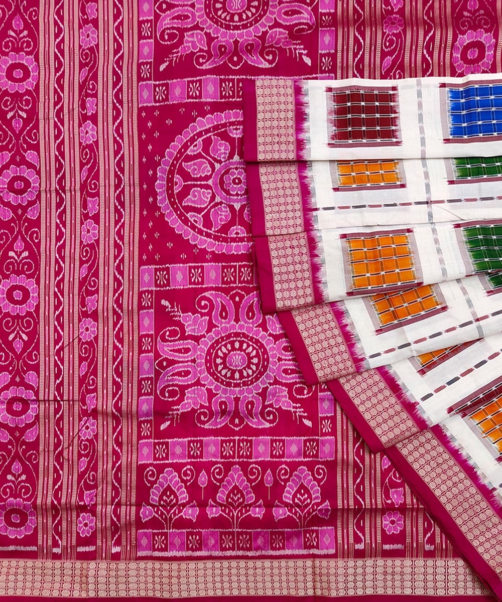 White Maroon Sambalpuri Handwoven Silk Saree Image 1