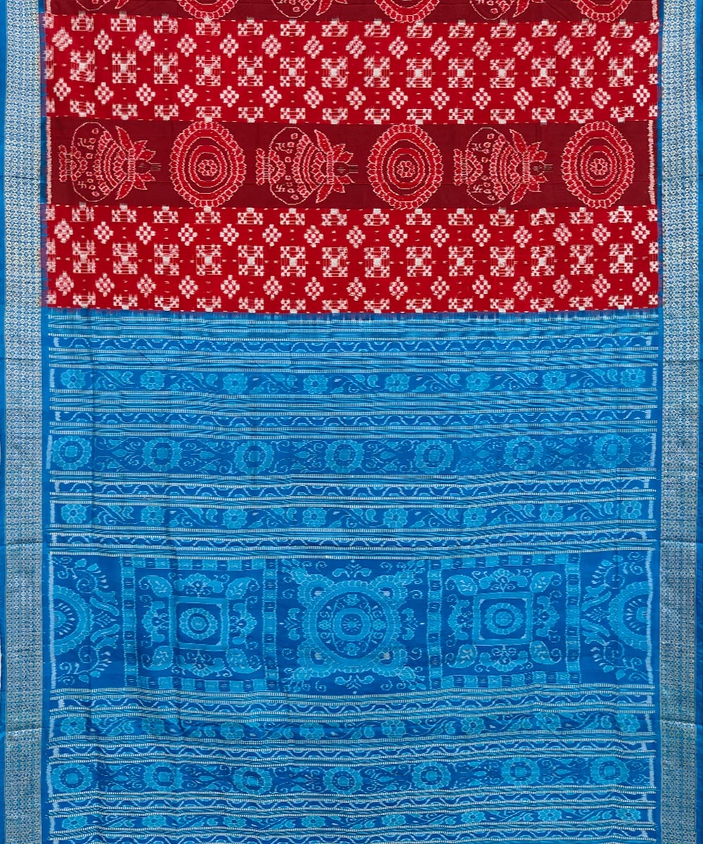 Red Blue Sambalpuri Handwoven Silk Saree Image 2