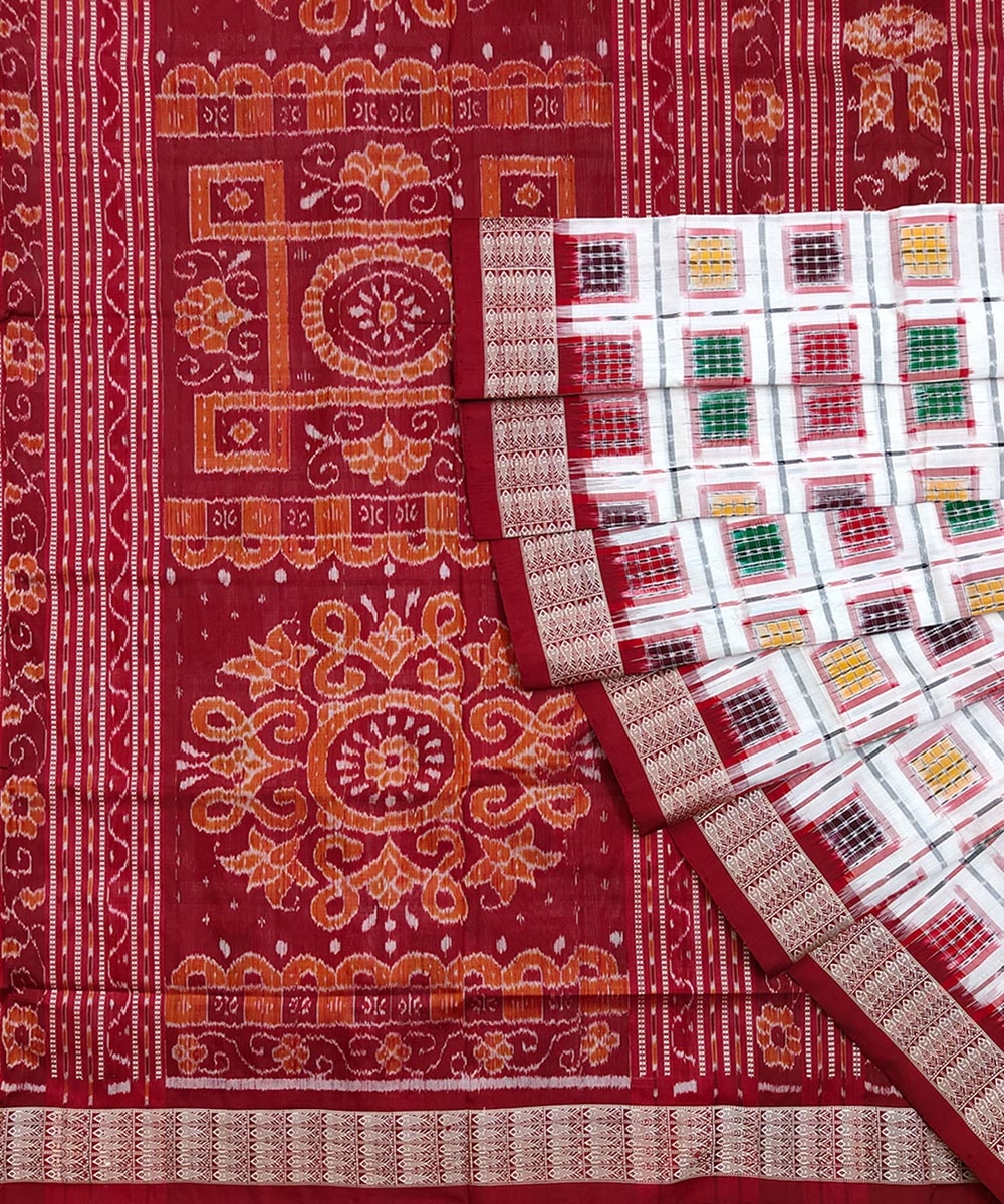 White Maroon Sambalpuri Handwoven Silk Saree SFSSAR1768