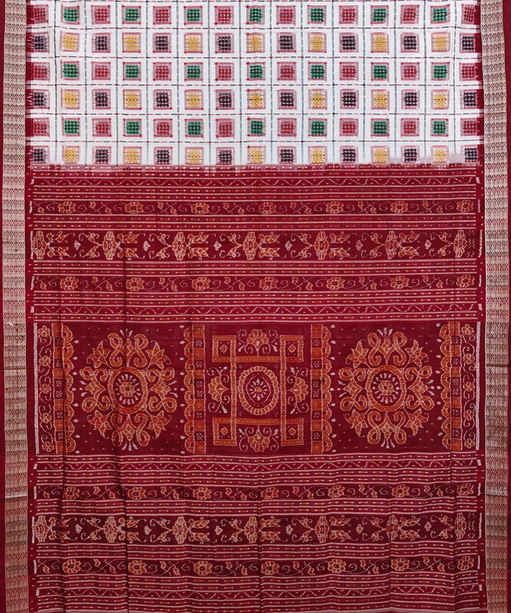 White Maroon Sambalpuri Handwoven Silk Saree Image 2