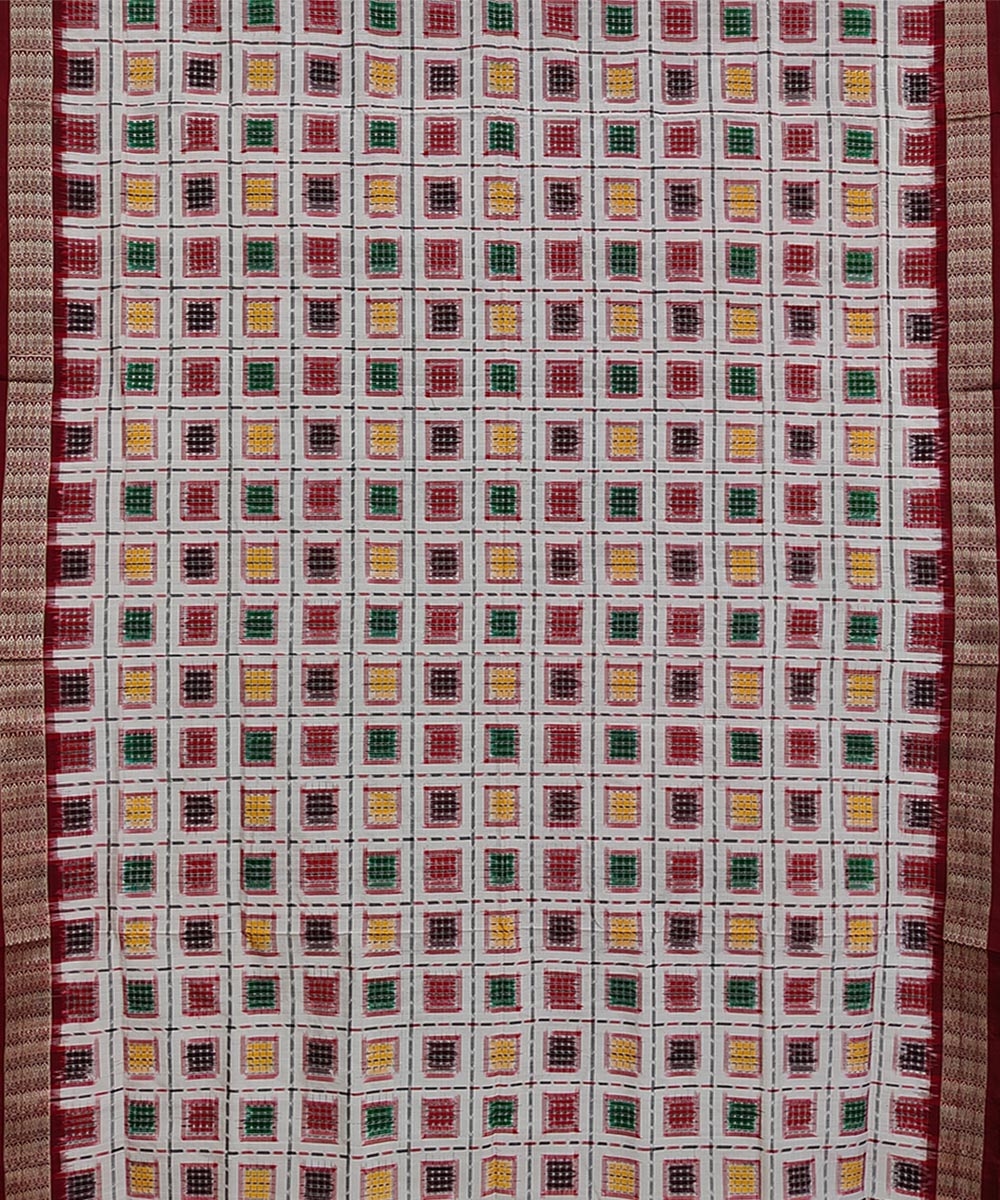 White Maroon Sambalpuri Handwoven Silk Saree Image 3