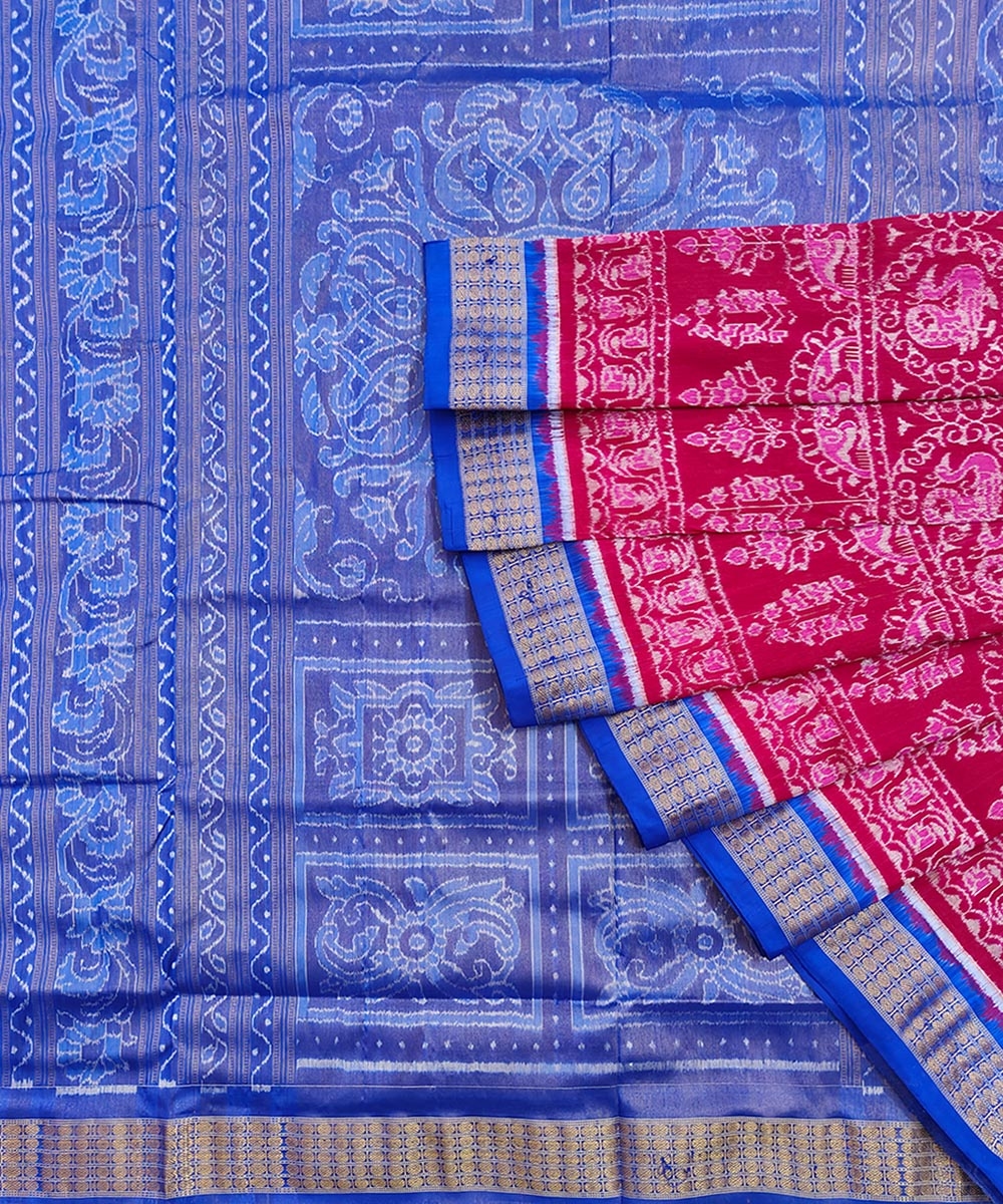 Red Blue Sambalpuri Handwoven Silk Saree Image 1